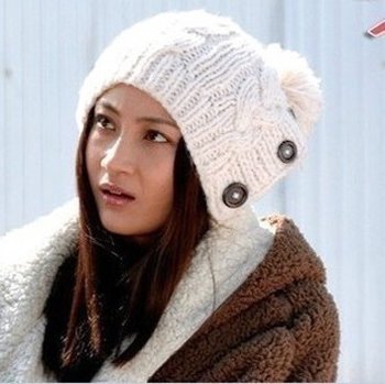 Korean female Cable Knit wool hat button wool cap