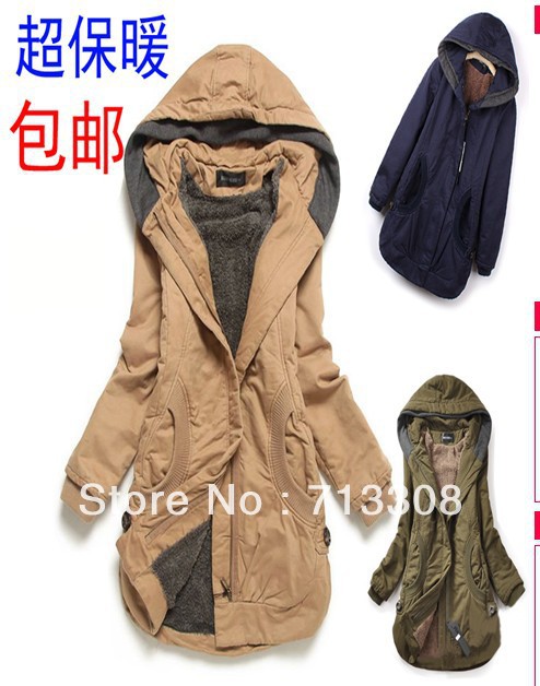 Korean female plus velvet thick warm hooded long section padded cotton jacket ( clothes weight 1.24kg)