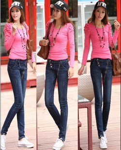 Korean/Japan style women fashion thin Slim pencil jeans,ladies excellent 3buttons trousers,X2578,Drop shipping