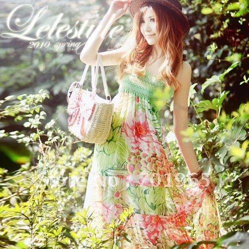 Korean Ladies Halter Strapless Floral Printed Chiffon Dress Long Dress LL2014