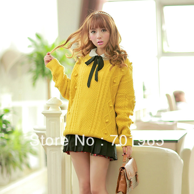 Korean Ladies Round Neck Jacquard Loose Sweater Solid Color Tops MF1005