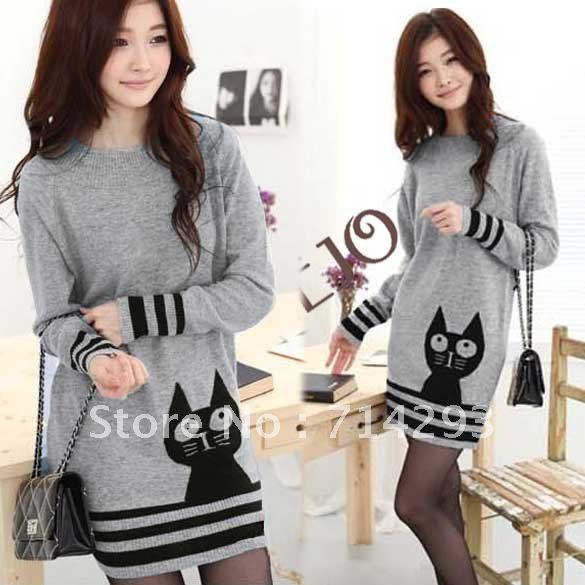 Korean Lady's Women's Cute loose cat pattern Long Sweater Gray free shipping 6578