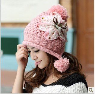 Korean Lady Wool Hat   Winter Lovely Flowers Knitted Cap