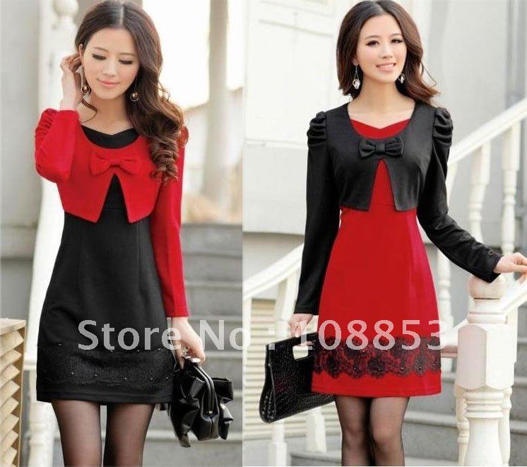 Korean New Autumn Women Lady OL Elegant Puff Long Sleev Knit Knee Length Bow Lace Slim Faux Two Pieces Dress Free Ship CMC-0102