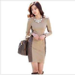 Korean new style in 2012 Fashion spell skin dress pu leather contrast color long sleeve cultivate one's morality even dress