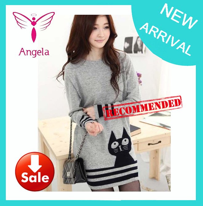 Korean Style Fashion Long Loose long stripe Kitty Sweater Colour:Gray 1 pcs/lot WS-008