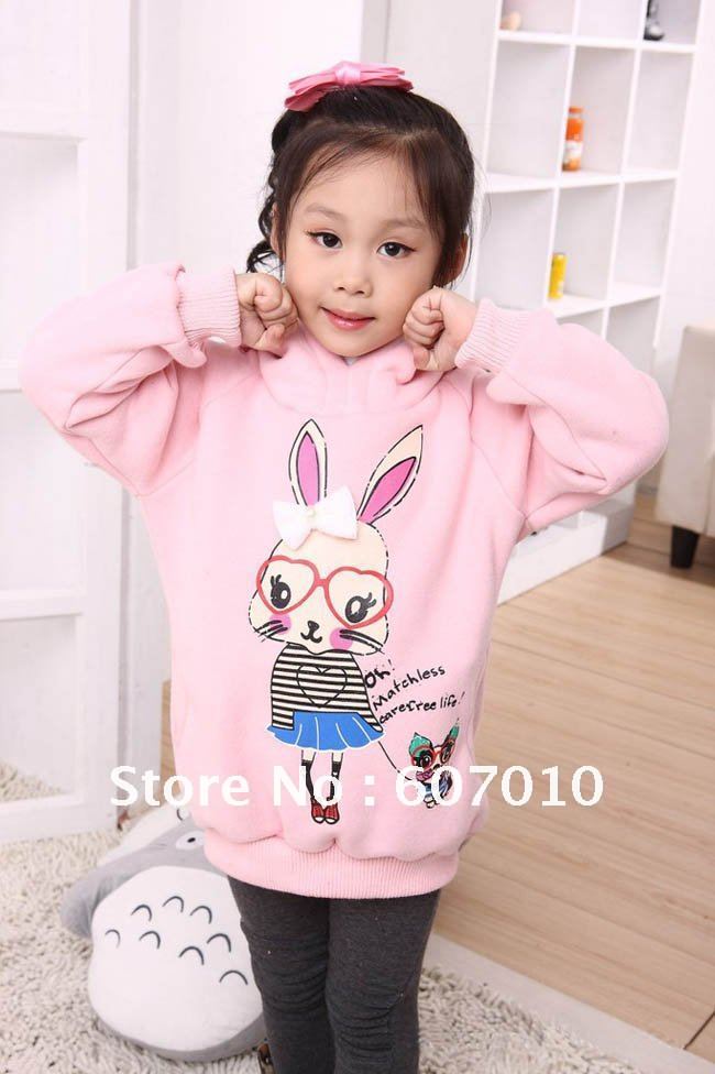 Korean style kids winter wear fashion rabbit pattern 100%Cotton girls hoodies 4-color Suitable for 4-12 years coat