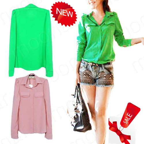 Korean Style Ladies Green Pink Long Sleeve Chiffon Tops Casual OL Shirts Puff Blouse and Shoulder Padded T-Shirt  E0917