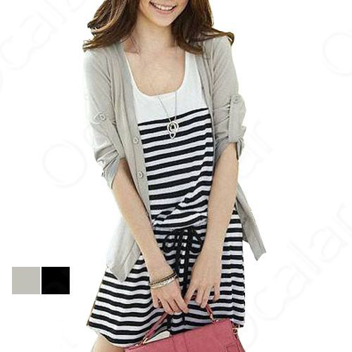 Korean Style Lady 2 Pcs Crew Neck Black Stripe Miniskirt Dress Half Sleeve Top Coat Cardigan Jacket Free Shipping E0415