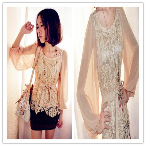 Korean Style O-neck Chiffon Puff Sleeve Hollow out Lace Shirt Black&Apricot Two-layer Lace T-shirt/Blouse