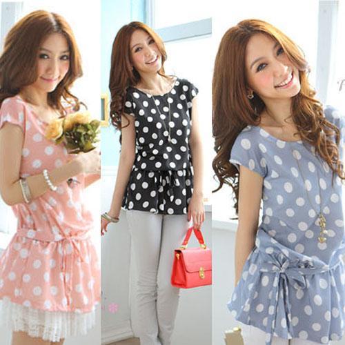 Korean Style Round Neck Retro Polka Dot Sweet Long Version Casual Tops YY1395
