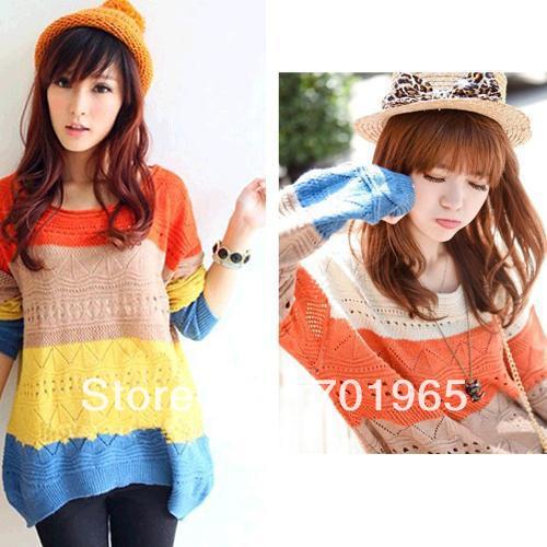 Korean Style Women Colorful Stitching Crochet Sweater Hot Tops YH3056