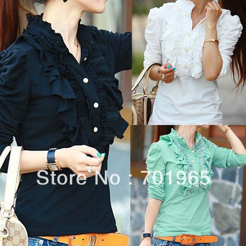 Korean Style Women Decolletage Lace Slim Long-sleeved Elegant Tops YM6831