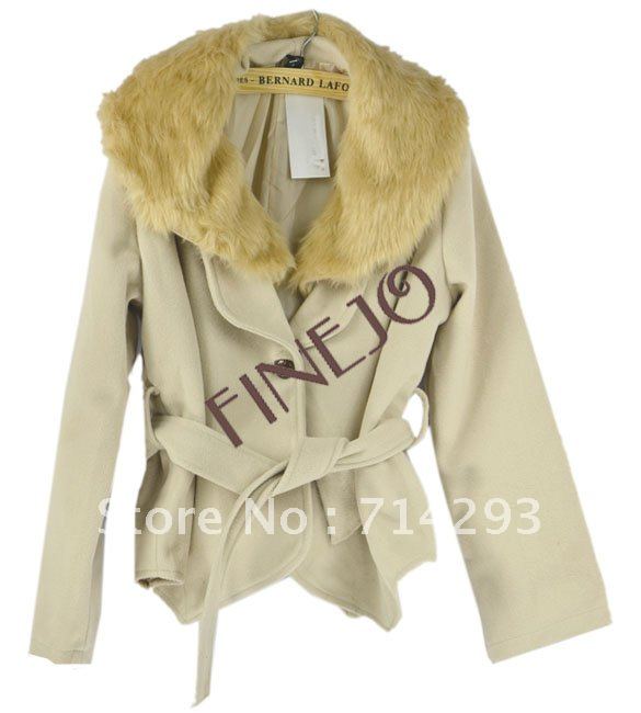 Korean Style Women Modish Woolen Fur Collar Beige Irregular Hem Coat free shipping 6434