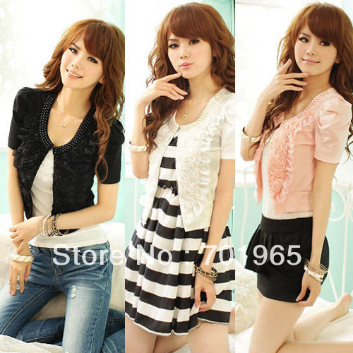 Korean Style Women Pearl Collar Sweet Short Sleeve Elegant Tops Coat YM5157