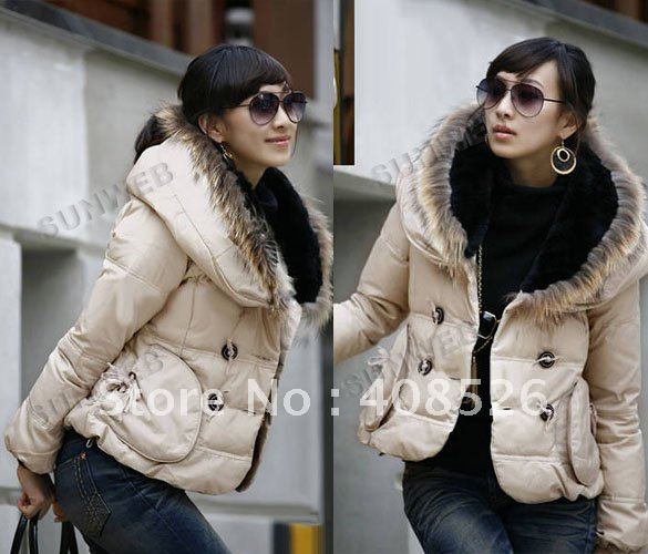 Korean Style women's Big Fur Collar Fit  Warm Long Sleeve Down Jacket Coat Beige free shipping 6580