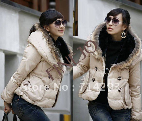Korean Style women's Big Fur Collar Fit  Warm Long Sleeve Down Jacket Coat Beige free shipping 6580