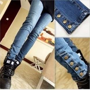 Korean Stylish personalized denim pants trouser legs buttons decoration slim show thin foot jeans pencil pants    Free Shipping