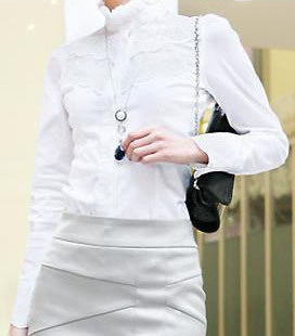 Korean Stylish womens fashion long sleeves top casual t-shirt Ladies blouse lace dress shirt Office lady wear White Color