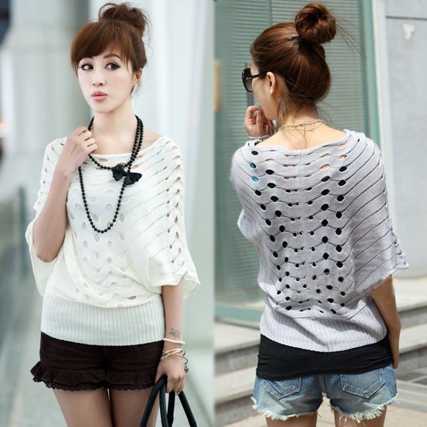 Korean sweet Women's loose Batwing Sleeve Knitted Hollow Pullover Women Ladies' Sweater # L034246