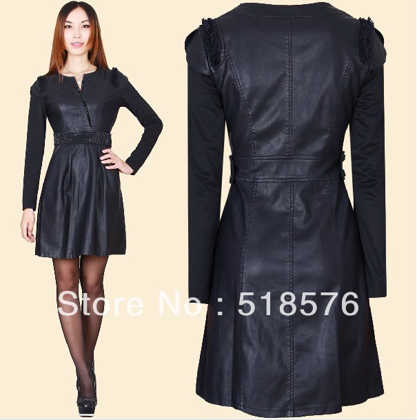 Korean version of the Slim was thin temperament long-sleeved leather skirt 2013 spring new code knit stitching PU leather dress