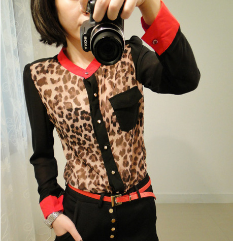 Korean version of the stand-up collar red collar hit color chiffon leopard shirt Ladies long-sleeved shirt