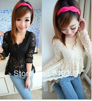 Korean version of Women 2013 new hollow mesh Ms. cardigan sexy V-neck dovetail fitted lace shirt and more dark hook