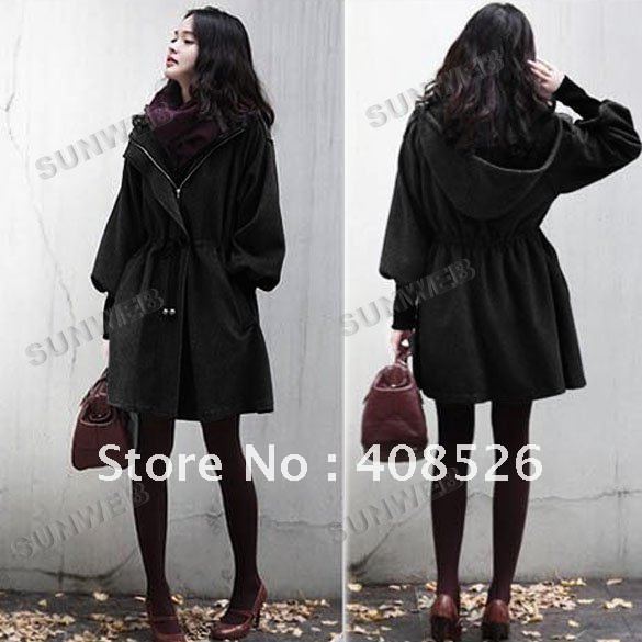 Korean Winter Women's long puff sleeve Coat hooded Trench outerwear With Hat Black free shipping 7561