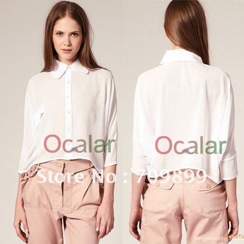 Korean Woemn Turn-Down Collar Chiffon Tops Shirt Blouse Batwing Sleeve Career E0442
