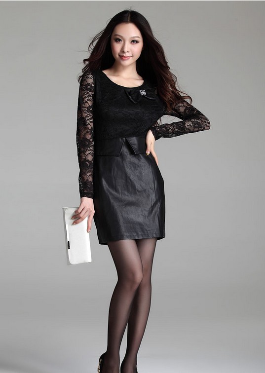 Korean Women 2013 spring the knot stylish stitching leather skirt new Slim long-sleeved lace dress