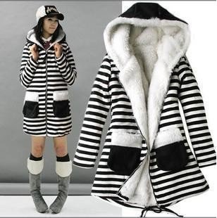 Korean Women fashion classic hooded cute striped long-sleeved lamb fur coat jacket 1928