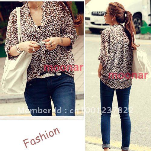 Korean Women Leopard Chiffon Loose Tops Shirt Blouse Coat Collarless Casual  E0407