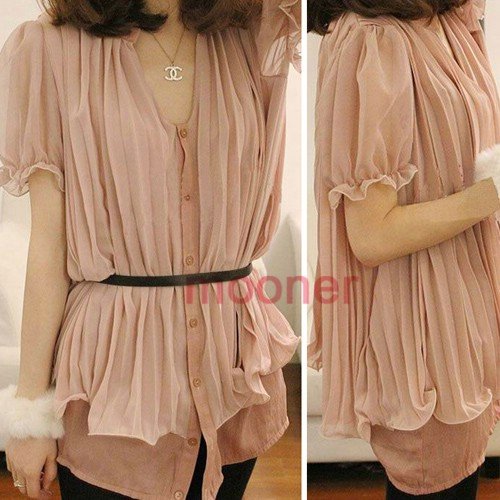 Korean Women Puff Sleeve Chiffon Bouffant Double-layer Shirt Dress Tops E0564 Hot Sale