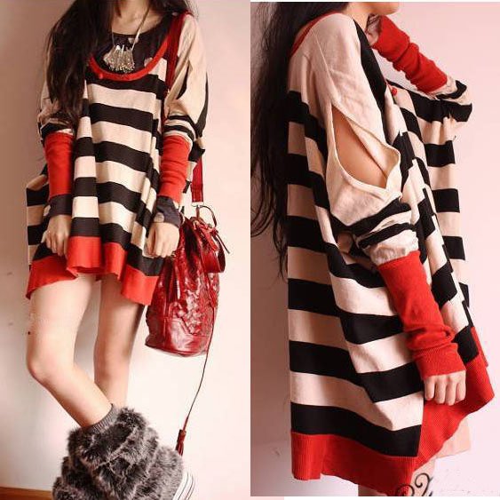 Korean Women's Cute Oversized Batwing Coat Loose Square Stripe T-shirt Sweater # L034295