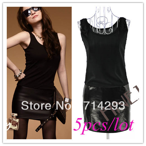 Korean Women's Slim Hot Sleeveless Round Collar Package Hip Vest Leather Splicing Dress Free shipping 10818