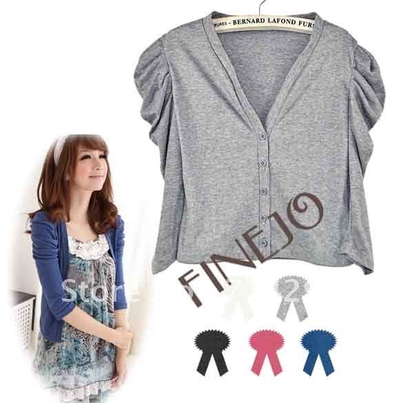 Korean Women's v neck Drape Puff Sleeve 3/4 Sleeve Jacket Short Coat 5 Colors Free shipping 8114