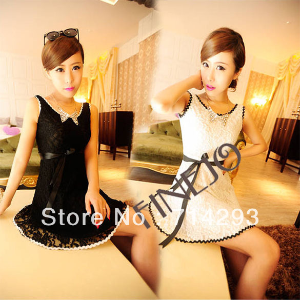 Korean Women Summer Sweet V Neck Backless Waist Slim Lace Mini Dress 2Colors Free shipping 9250