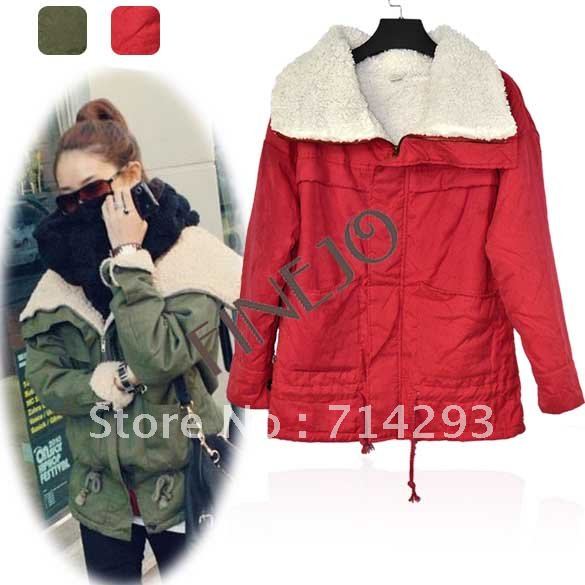 Korean Women Winter Warm Fleece Zip Up Military Coat Parka Jacket Outwear free shipping 7918