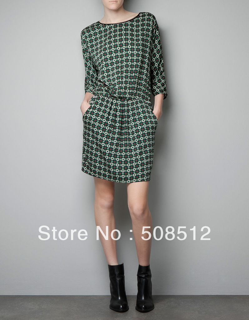 KS-D13006 FREE SHIPPING WOMEN  ELEGANT  CASUAL THREE QUARTER SLEEVE PRINT PU LEATHER BINDING CHIFFON SUMMER DRESS