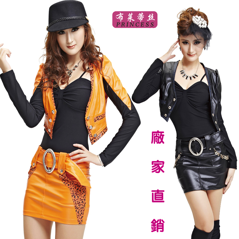 Ktv sexy slim hip piece set leather clothing sexy long-sleeve dress