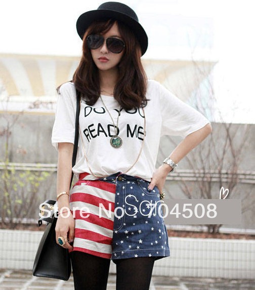 L263 Multi-colored Lady Denim Pants Jeans Shorts American Flag Prints Popular M