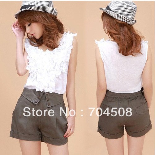 L437 Korea Womens Casual Elastic Waist Pleated Hot Pants Short-length Trousers S