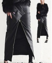 L64 Long sexy retro Front zipper Straight black skirt faux leather funk gothic