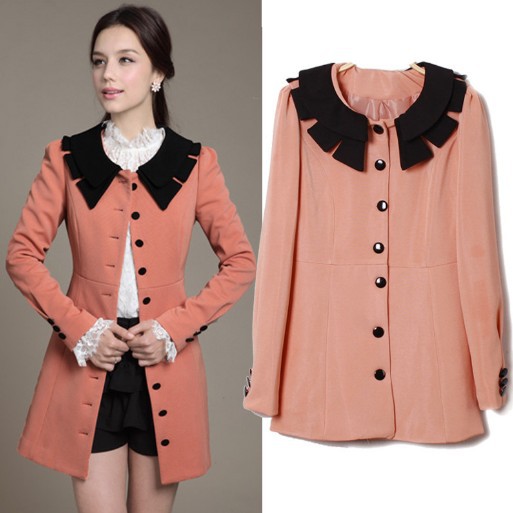 L9047 Women's Coat  Fashion Brief  Vintage Petal Collar Medium-long Trench Outerwear