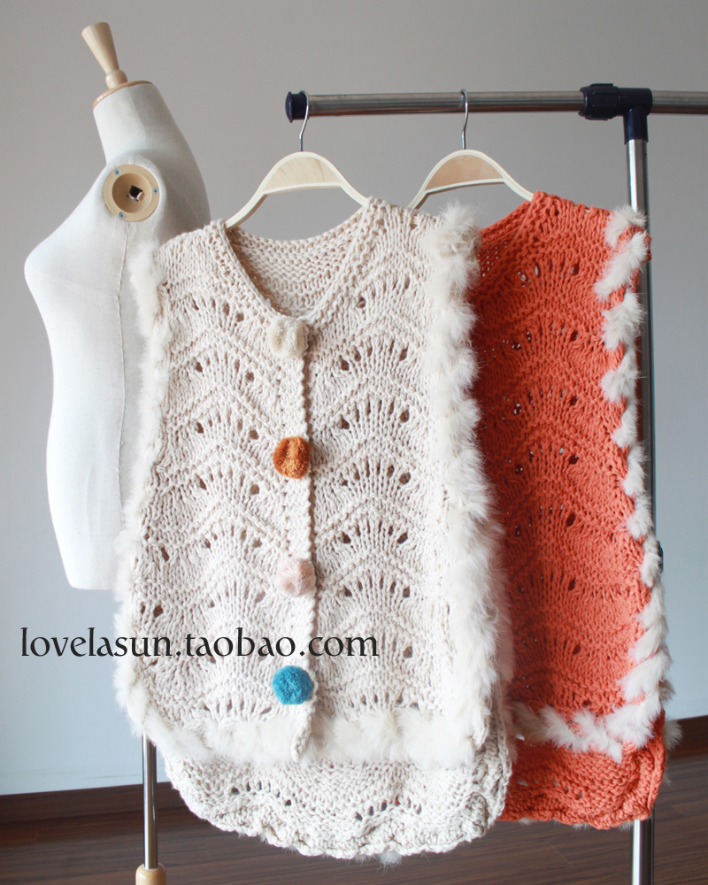 La sun coarse knitting knitted multicolour sphere decoration rabbit fur sweater vest