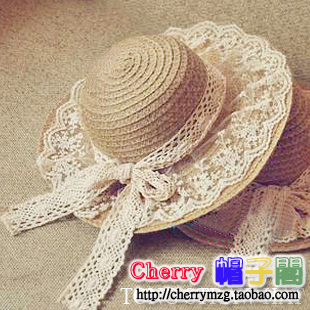 Lace bow small sun-shading fedoras spring and summer female fashion laciness princess big beach straw hat