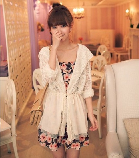 Lace chiffon patchwork with a hood summer women's sun-shading sun shirt slim waist long-sleeve cape outerwear a129
