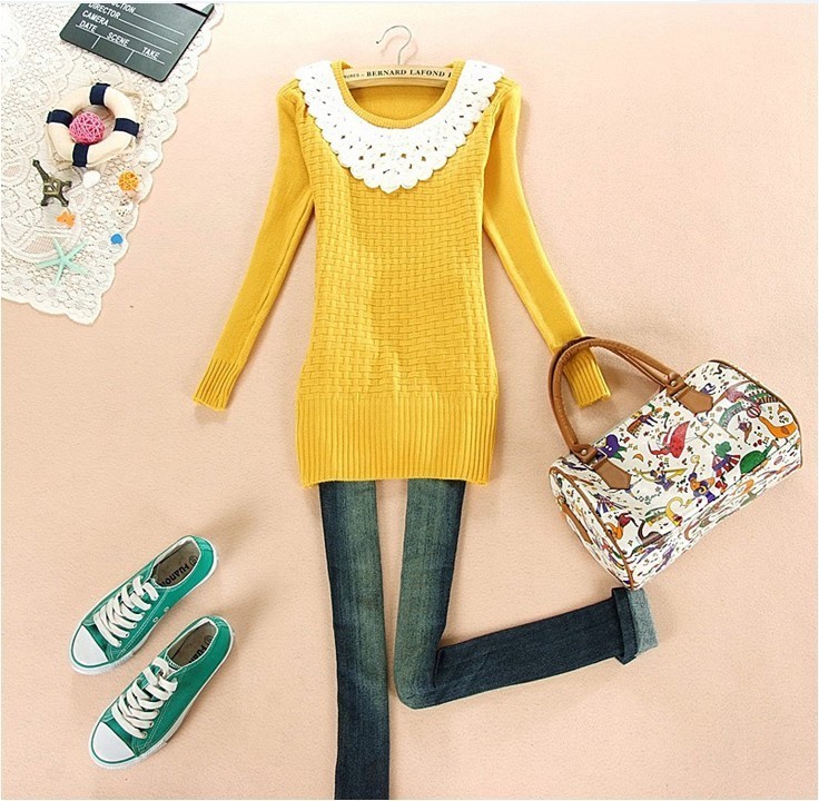 Lace collar pullover sweater female medium-long loose basic sweater female sweater outerwear