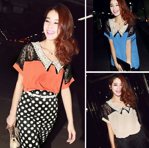 LACE COLLAR SHORT SLEEVE CHIFFON BLOUSE 2987
