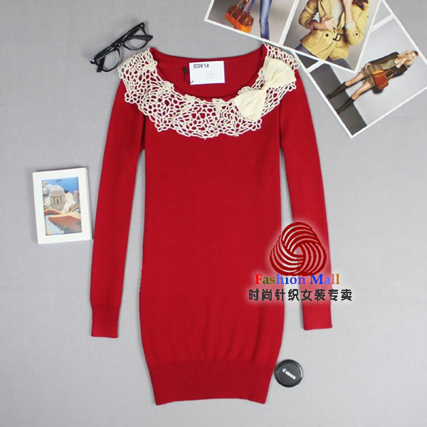 Lace decoration bow medium-long big o-neck long-sleeve pullover sweater female basic shirt sweater dress A